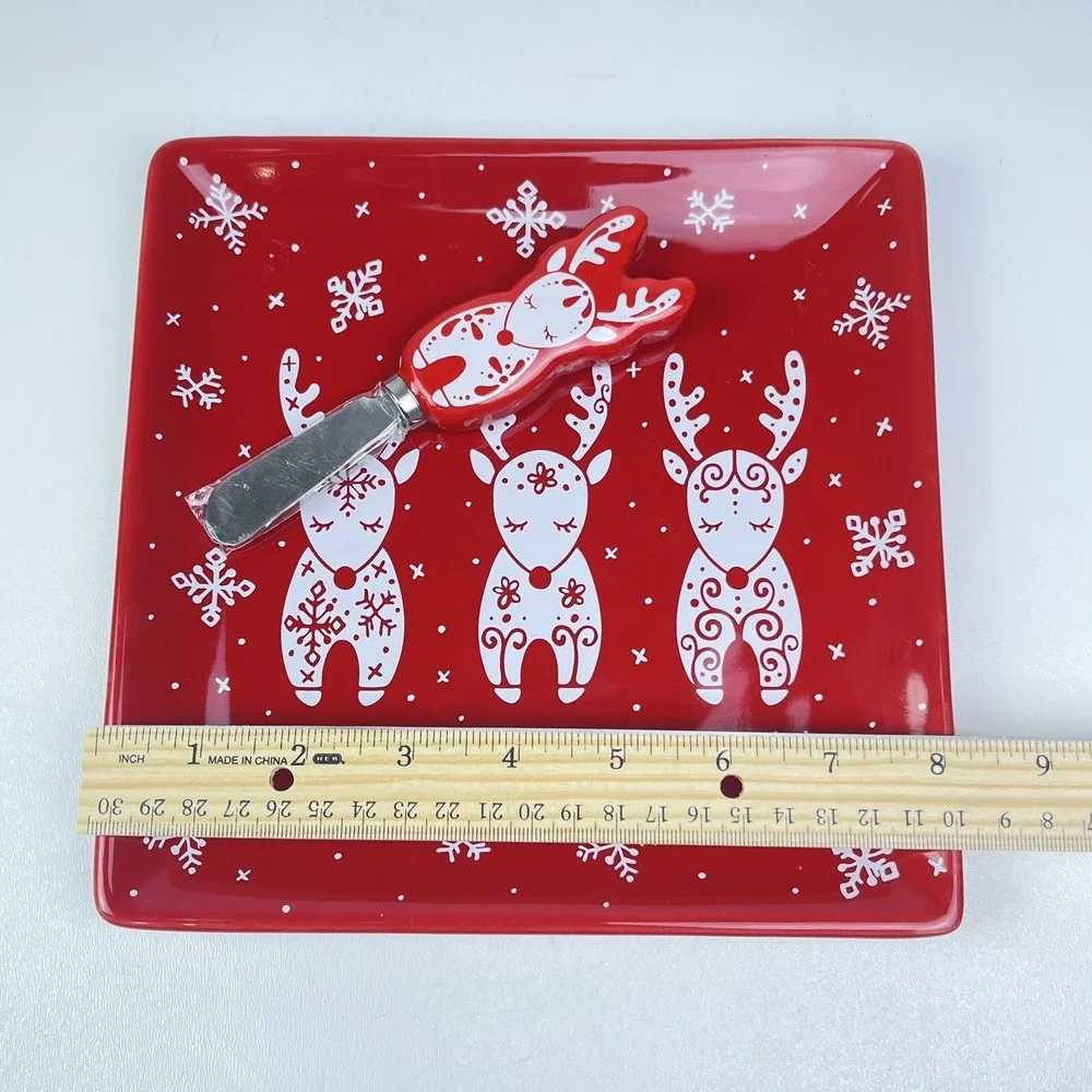 TempTations By Tara Serving Holiday Square Charcuterie Plate Cheese Knife Set